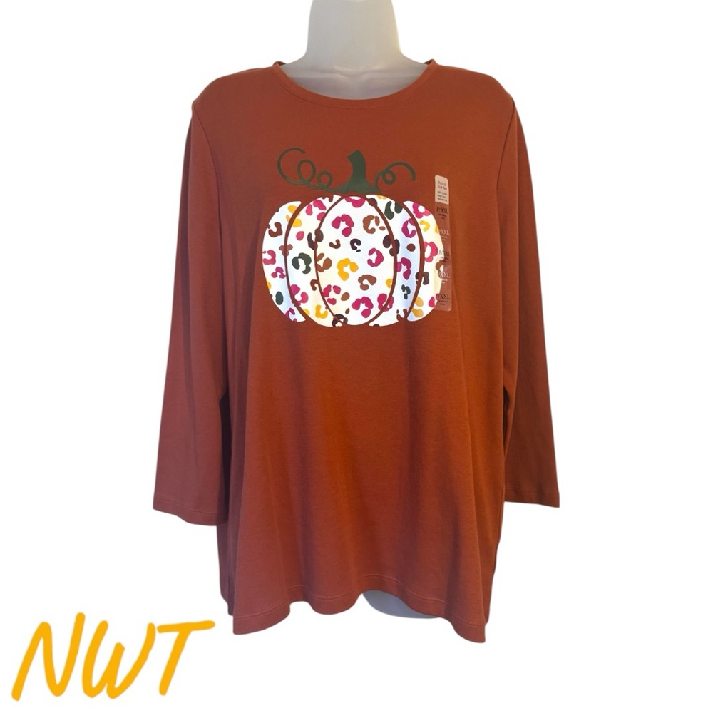 NWT  #FALL2026🍁 Kim Rogers Rust Pumpkin Animal Print Top  2X/PETITE    #CL